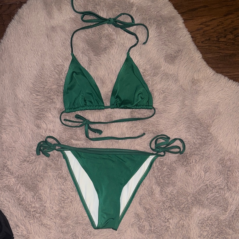 Green Triangle Bikini Set String Tie Side Bottoms Triangle Top Womens Swimsuit S - Picture 9 of 16